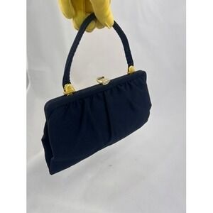 Julius Garfinckel & Co.  1950s Navy Satin Frame Clasp Top Handle Vintage Purse